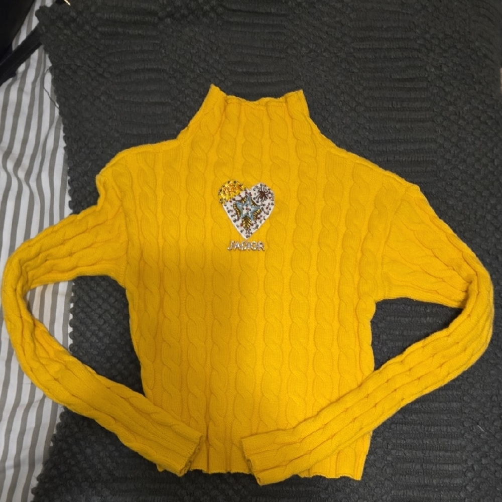 Christian Dior Yellow Cable Knit Sweater with Heart Detail Crop top